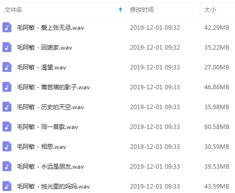 毛阿敏歌曲无损精选9首[WAV/361.65MB]百度云网盘下载